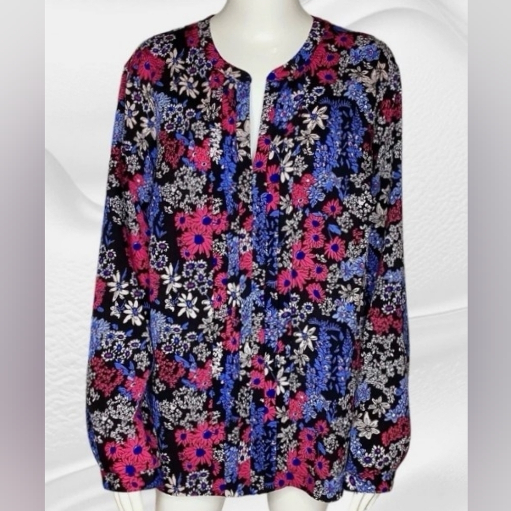 JONES NEW YORK Signature Womens Long Sleeve Pullover Multicolor Floral Top Sz 1X
